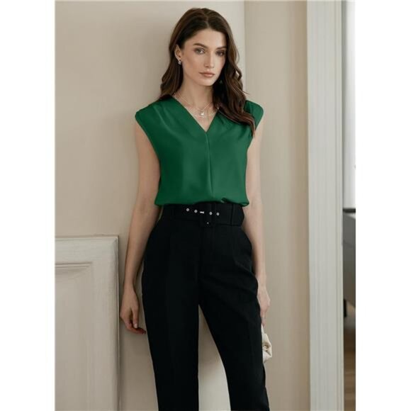 Womens Pleated Tank Tops V Neck Green - Picture 2 of 5